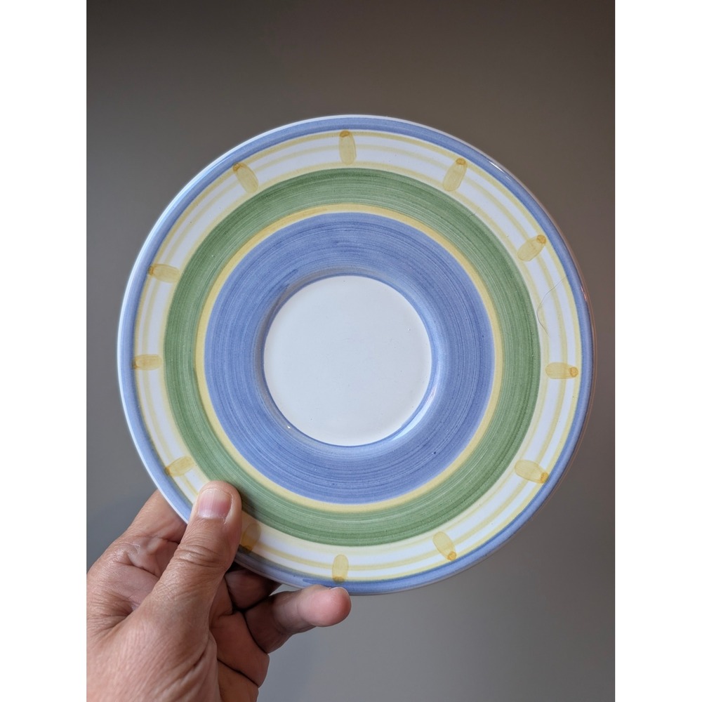 Williams Sonoma Italy Ceramic Saucers Blue Green Yellow Striped Set of 2 7.25